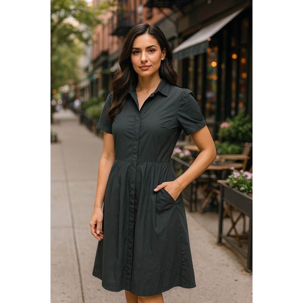 Theory Women's Shirt Dress Black Puff Sleeve Pleated A-line Pocket‎ Size 4